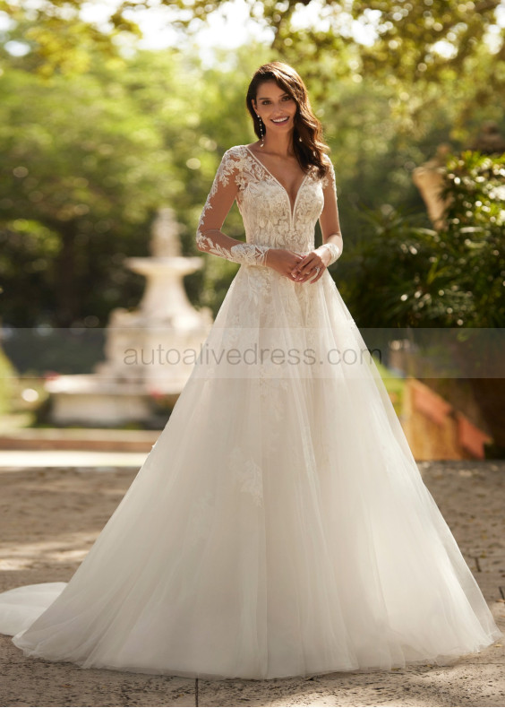 Long Sleeves Beaded Ivory Lace Tulle Illusion Back Wedding Dress